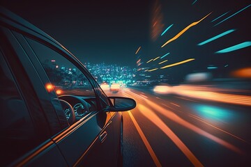 Car driving on city road, side view. Sports car, futuristic autonomous vehicle. HUD car. Generative AI - obrazy, fototapety, plakaty