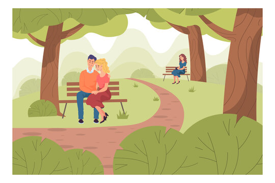 Happy people sitting on benches in park vector illustration. Cartoon drawing of woman and hugging couple on wooden benches under tree. Leisure, outdoor activity, spring or summer concept