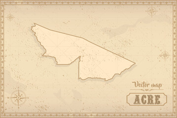 Map of Acre in the old style, brown graphics in retro fantasy style. Federative units of Brazil.