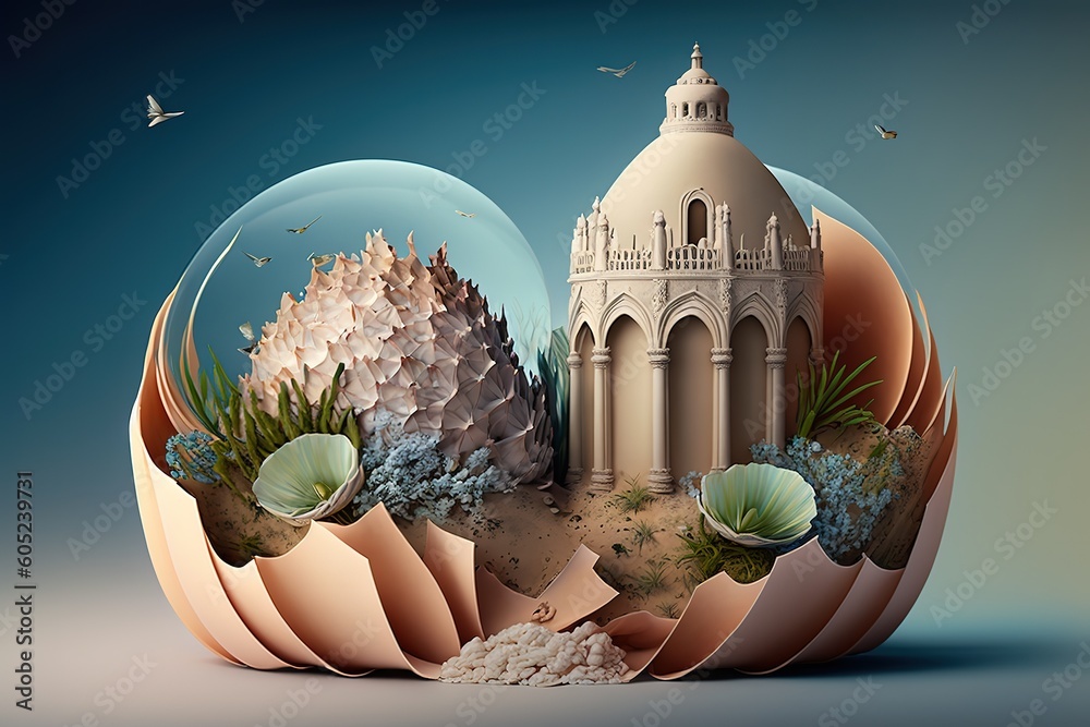 Poster Cute castle in an open shell. Generative AI