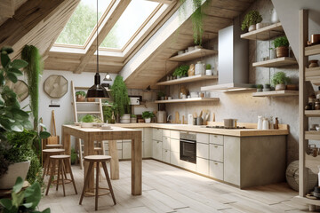Fototapeta na wymiar Modern cozy kitchen, eco interior design with beige colors and plants. Super photo realistic background, generative ai illustration