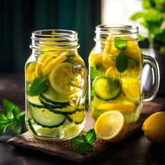 Detox Water with Lemon and Cucumber in Glass Jars. Generative AI