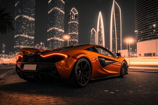 Orange car rides in the city, rear view. Sports car, futuristic autonomous vehicle. HUD car. Generative AI