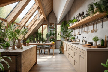 Modern cozy kitchen, eco interior design with beige colors and plants. Super photo realistic background, generative ai illustration