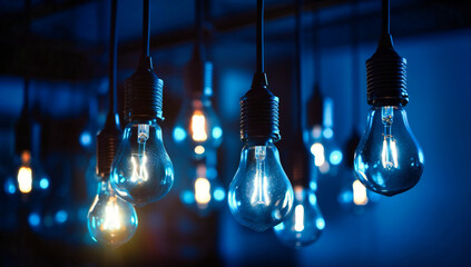 light bulbs are hanging with blue lights