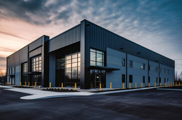 a large industrial building with an open door - obrazy, fototapety, plakaty