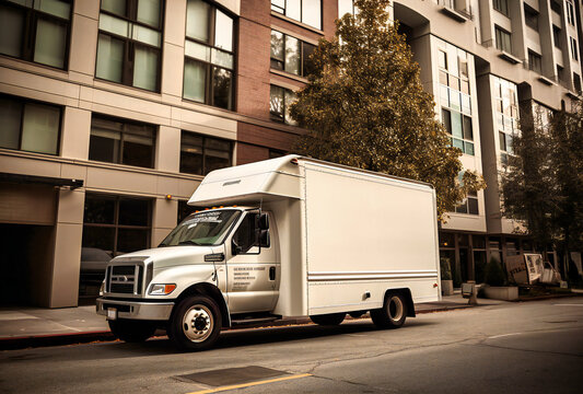a white delivery truck in front of tall buildings