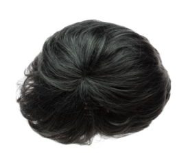 Short straight Wig hair style fly fall explosion. Silver gray man woman wig hair float in mid air. Middle age elderly wig hair wind blow cloud throw. White background isolated high speed freeze motion