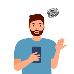 Man angry on phone problem in flat design on white background.