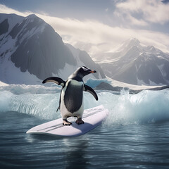 Image of a penguin surfing big waves on a surfboard on a sunny day in Antarctica.