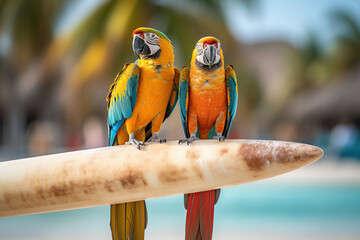 Image of two macaw parrots standing on a surfboard on a tropical sandy beach.
