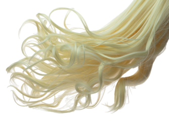 Long Curl Wig hair style fly fall explosion. Blonde wave woman wig hair float in mid air. Golden blonde wig hair wind blow cloud throw. White background isolated part