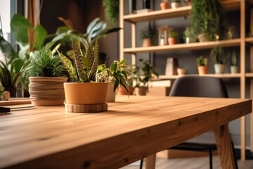 wooden office desk with plants and desk