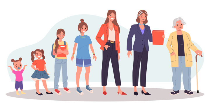 Women of different ages vector illustration. Cartoon drawing of female life cycle, different aging stages of girl with brown hair from toddler to senior, diversity in age. Life, age, growth concept