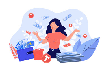 Kazakh tenge falling oh happy woman vector illustration. Cartoon drawing of stacks of coins and packs of banknotes, money or cash falling on girl, Kazakhstan flag in wallet. Finances, wealth concept