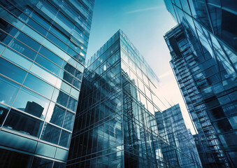Naklejka premium view of glass offices with sky blue sky