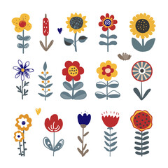 Collection of cute flowers in folk Scandinavian style, isolated vector illustration. Adorable design elements for craft products packaging, children goods and cards.