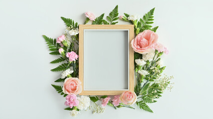 Wooden picture frame with pink rose, carnation and fern leaves on white background. Spring floral...