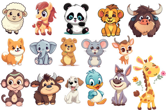 Set of cute cartoon animals - Sheep, deer, horse, panda, lion, buffalo, monkey, elephant, dog, cat, donkey, giraffe, Quokka