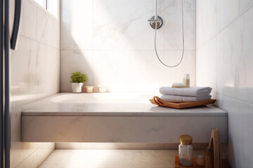 Cuarto de baño elegante de lujo estilo mármol con bañera ducha, con toallas y decoración de plantas estilo spa relajante y cuidado personal. Generative ai.