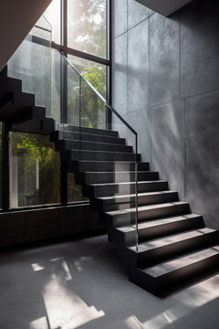 Escaleras con pasamanos de cristal lujosas, elegantes, dise&ntilde;o moderno  con gran ventanal con vistas al jard&iacute;n. Subida de escaleras con barandilla de cristal. Generative ai.