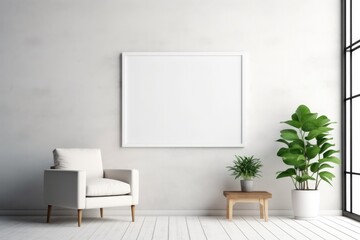 Illustration of a minimalist white room featuring a cozy chair and a vibrant potted plant, Generative AI