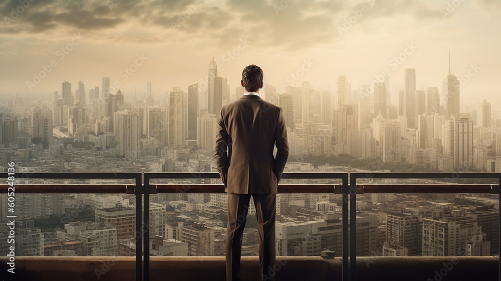 Wall mural businessman standing on the roof and looking at the city. business concept.generative ai