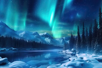 Illustration of a serene lake with the aurora borealis dancing in the sky above, Generative AI