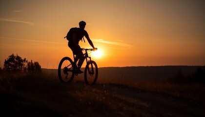 Fototapeta na wymiar Silhouette of a Person Riding a Bike in Summer Sunset Generative AI