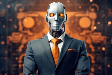 Illustration of a humanoid robot wearing a suit and orange tie, Generative AI