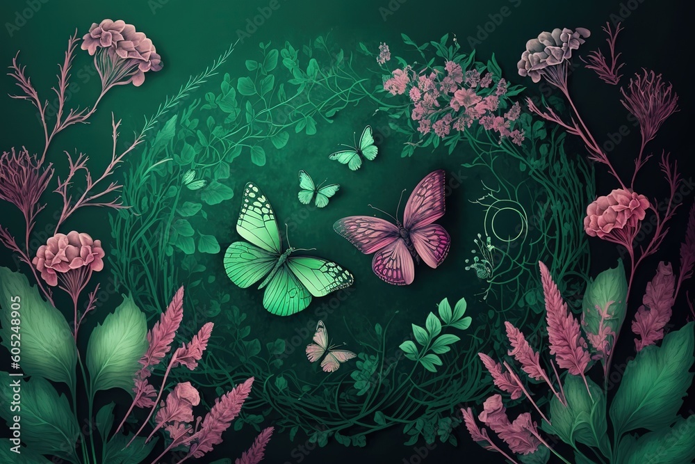 Wall mural Glade with pink flowers and butterflies. Beautiful, minimalistic print for your decor for postcard, congratulations and poster. Generative AI