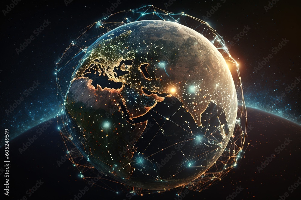 Aufkleber An abstraction of a global worldwide telecommunications network with nodes connected all over the Earth.Generative AI