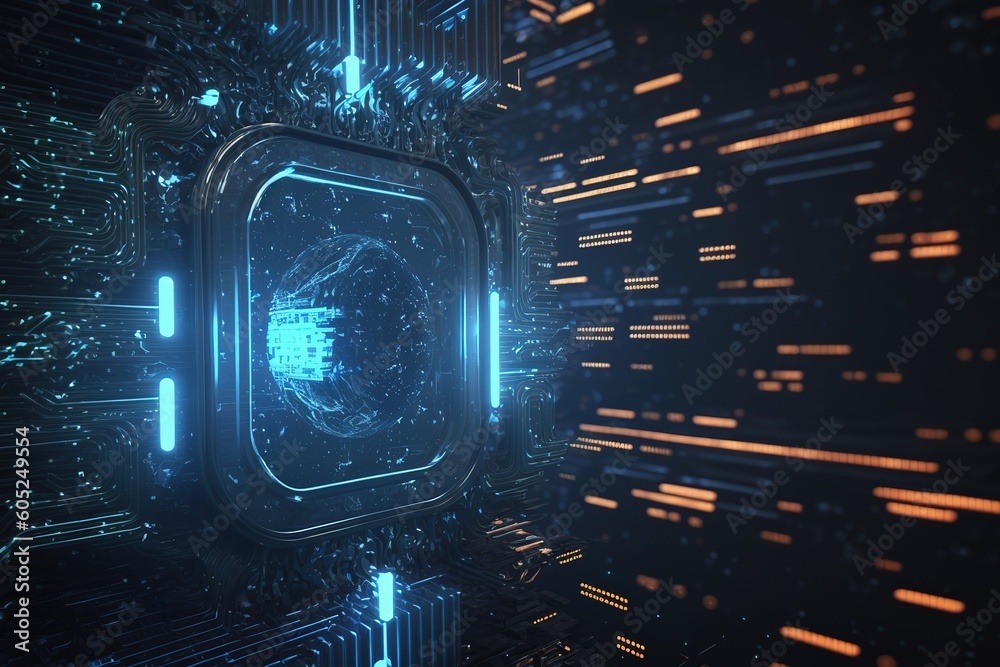 Poster Abstract technological background, matrix grid particles.Generative AI