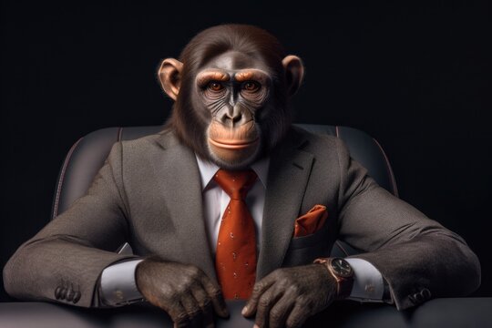 a monkey dressed in formal attire sitting at a desk