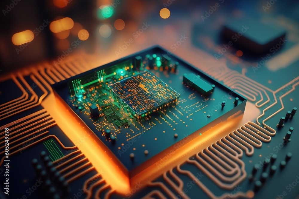 Poster Abstraction of a printed circuit board, technological background.Generative AI