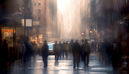 Fototapeta na wymiar pedestrians walk in the city, blur effect