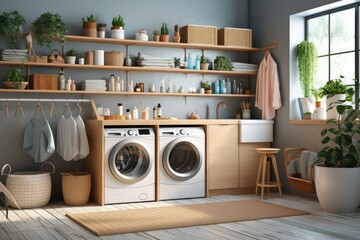 modern laundry room with a washer and dryer - obrazy, fototapety, plakaty