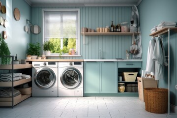Illustration of a modern laundry room with a washer and dryer in a home setting, Generative AI