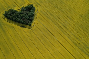 Heart shape in a rapeseed field seen from a drone