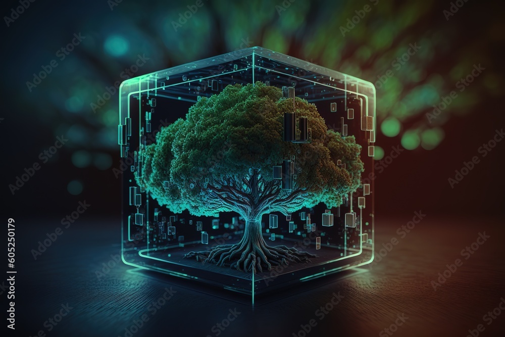 Poster A tree growing on a digital cube, green technologies.Generative AI