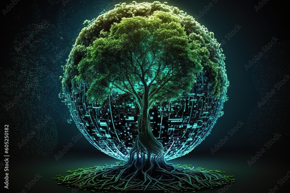 Poster A tree growing on a digital cube, green technologies.Generative AI