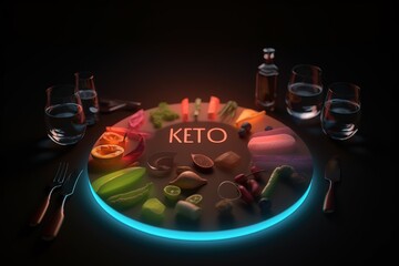 Fototapeta premium Principles and rules of a healthy lifestyle with proper nutrition, balanced , diet, vegetarian, vegetables fruits keto , ketosis ketones, Ketogenic diet, low carbs products anti-age. Generative AI