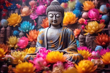 Buddha statue sitting amidst a colorful array of flowers