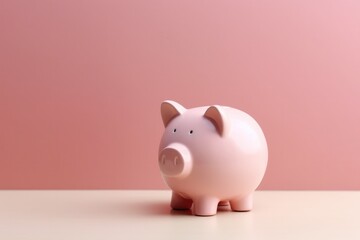 Illustration of a pink piggy bank sitting on top of a wooden table with coins scattered around it, Generative AI