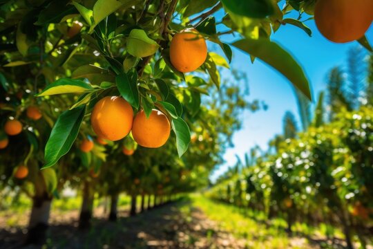 Illustration Of A Fruit-bearing Orange Tree In A Sunny Garden, Generative AI