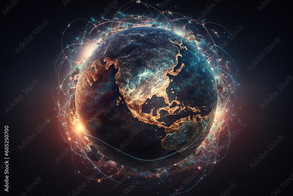 Poster An abstraction of a global worldwide telecommunications network with nodes connected all over the Earth.Generative AI