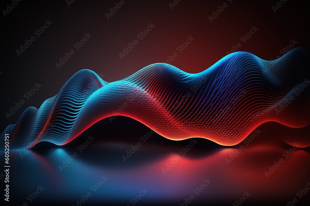 Poster An abstraction of a gradient wave with dots with glowing red-blue particles.Generative AI