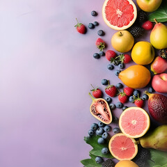 Whole and cut fruit on a purple pastel background. Citrus, banana, apples and berries. Top view, flat lay. Generative AI