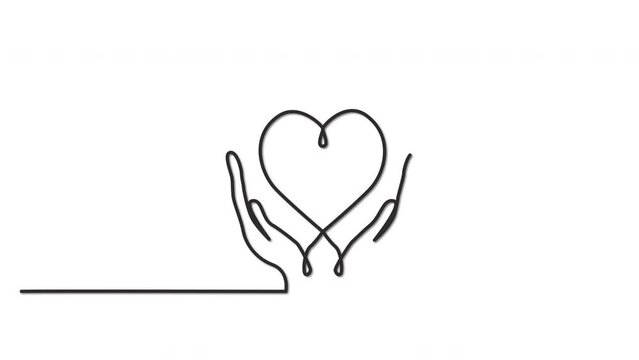 Human hands and heart self drawing animation. Charity and love concept. 