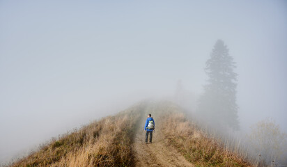 Obraz premium Man hiker strolling down hiking path on grassy hill with misty trees and sky in fog on background